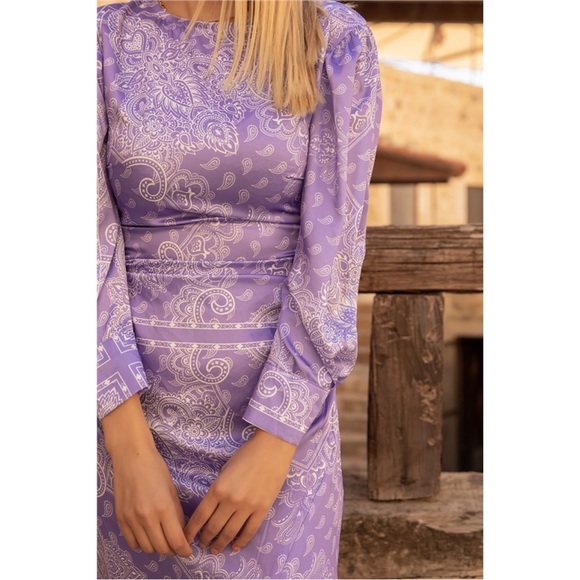 Zara Paisley Maxi Dress Womens Purple Long Slit Satin Long Sleeve Summer Medium - Picture 7 of 15